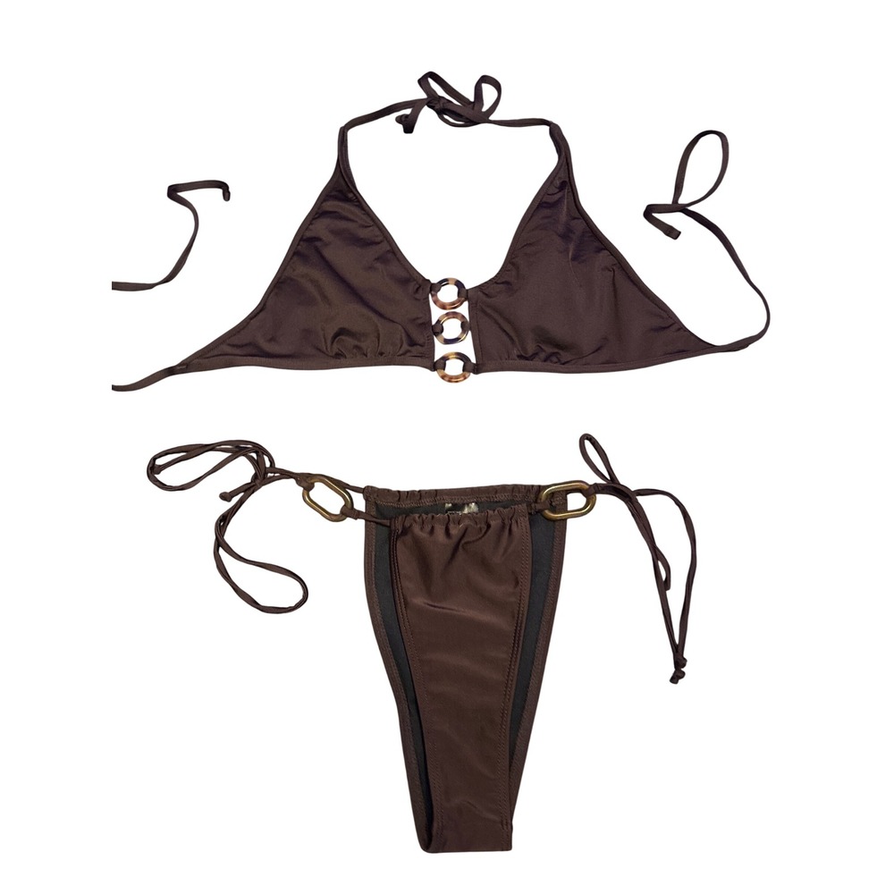 Mossimo Brown Halter Bikini Ring Detail Tie Side High Cut Swimsuit Medium